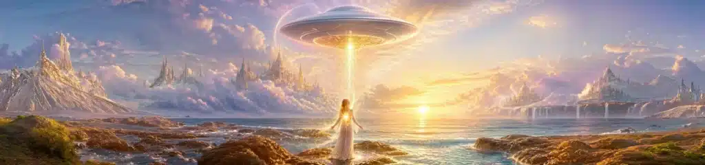 Uma majestosa nave estelar do Comando Venusiano paira graciosamente acima do horizonte. Seu design é elegante, orgânico e inspirado em geometria sagrada, pétalas de lótus, arquitetura cristalina e luz viva. Ela irradia amor incondicional, paz e consciência superior.