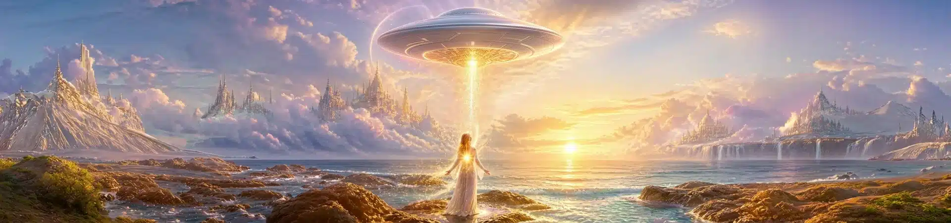 Uma majestosa nave estelar do Comando Venusiano paira graciosamente acima do horizonte. Seu design é elegante, orgânico e inspirado em geometria sagrada, pétalas de lótus, arquitetura cristalina e luz viva. Ela irradia amor incondicional, paz e consciência superior.